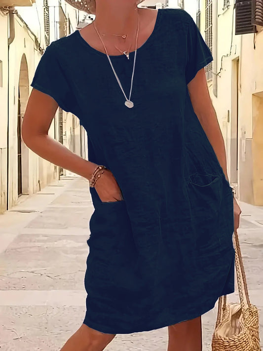Abito a-line con taschino - maniche corte, collo rotondo, arioso ed estivo