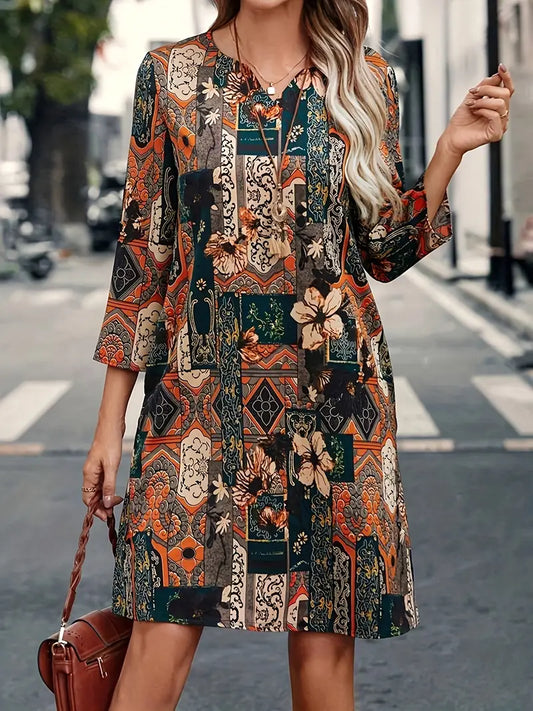 Abito floreale vintage con scollo a V e maniche a 3/4 da donna