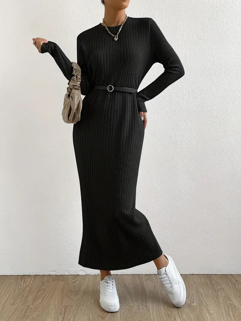 Maxi abito a maniche lunghe - Monocolore, Elegante design a girocollo