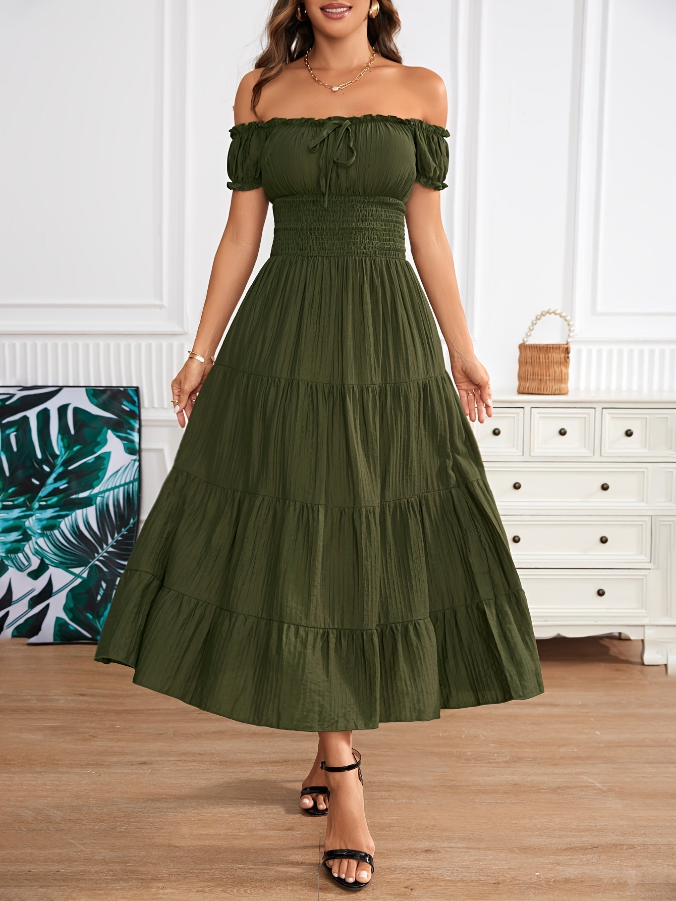 Maxi abito off-the-shoulder - arricciato in vita, linea ad A, arioso abito estivo da donna