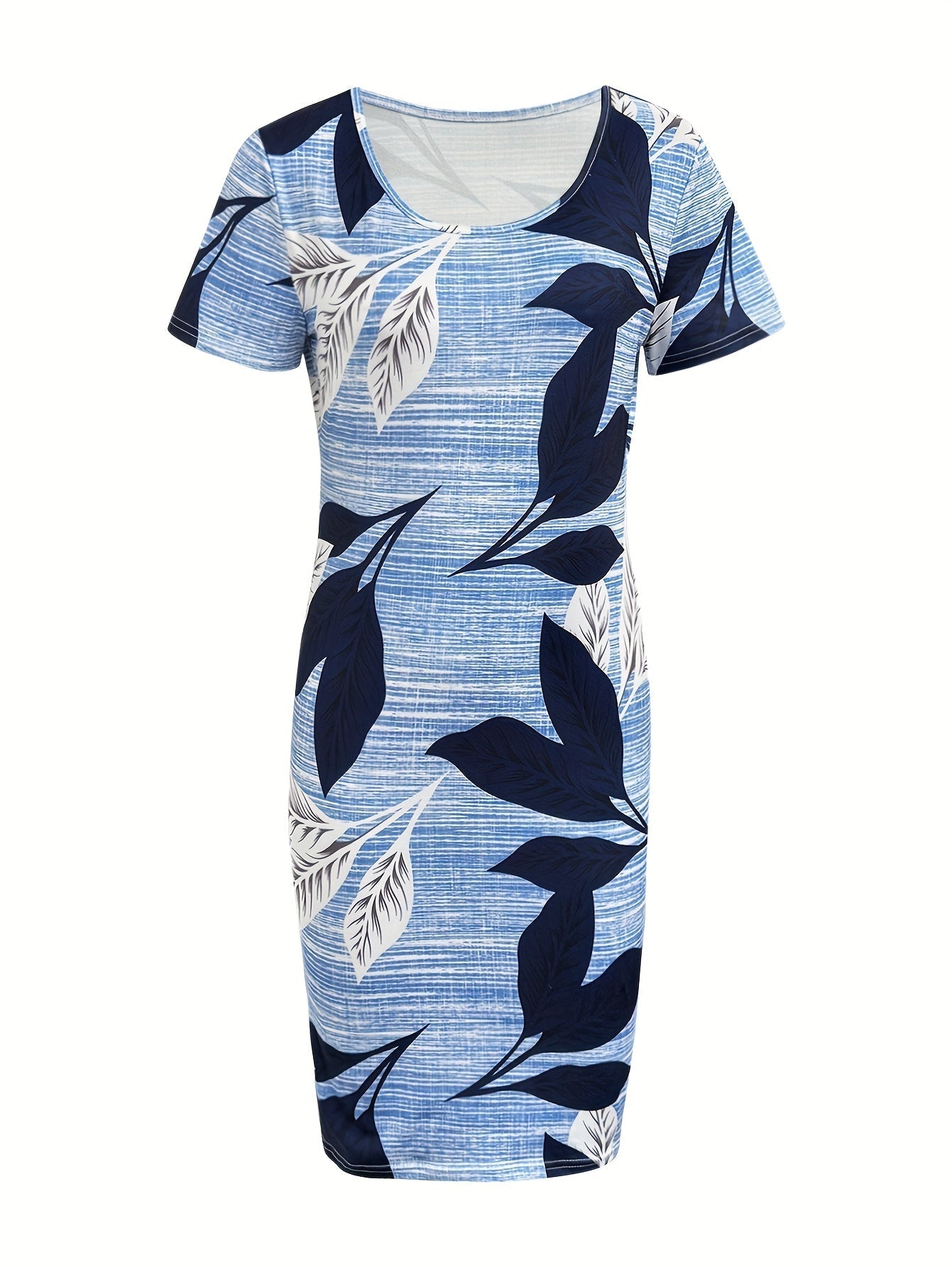 Abito Bodycon a maniche corte con stampa a foglie blu