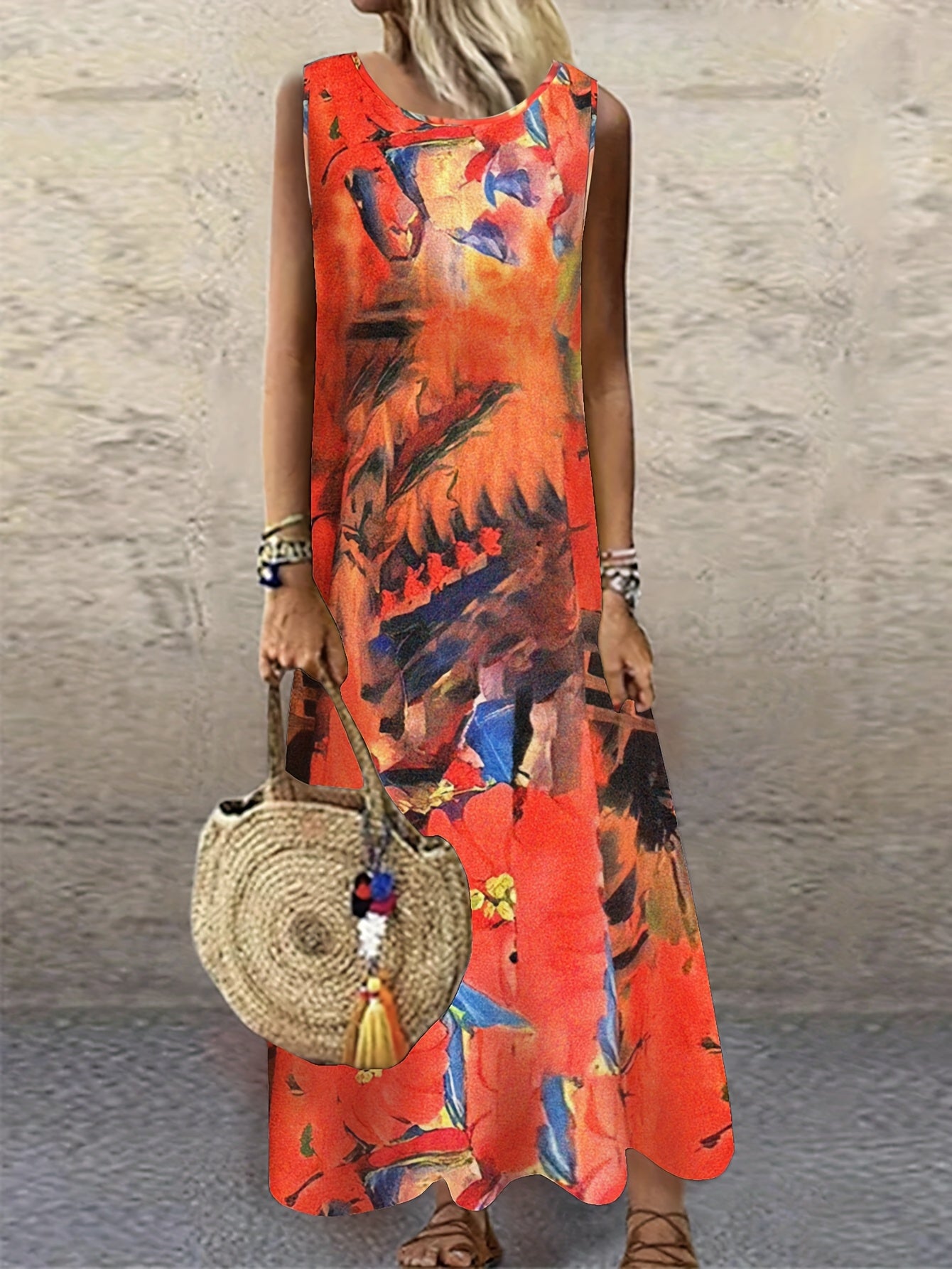 Abito estivo da donna Senza maniche, motivo floreale Sciolto e arioso