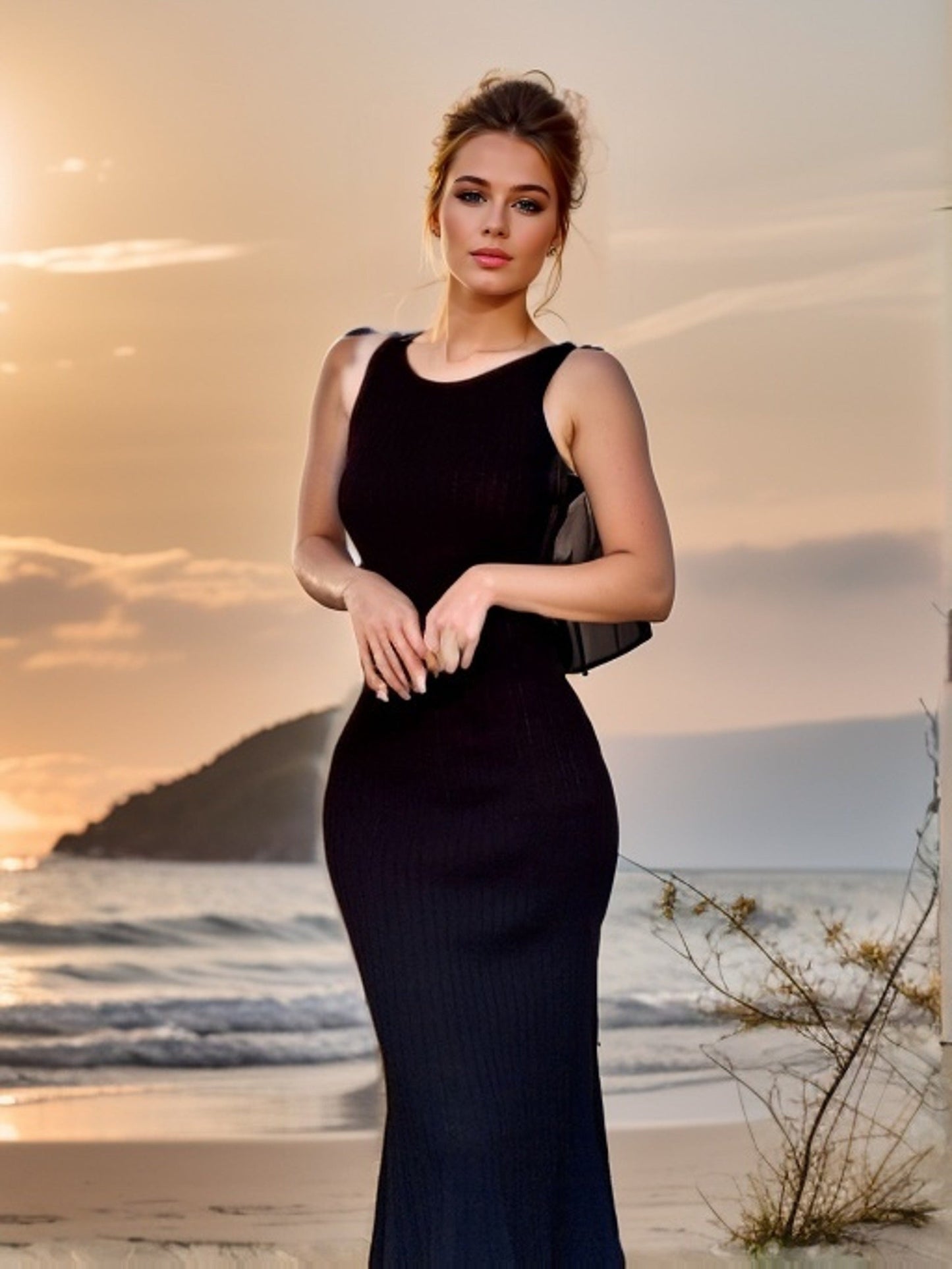 Maxi abito nero elegante in maglia senza maniche