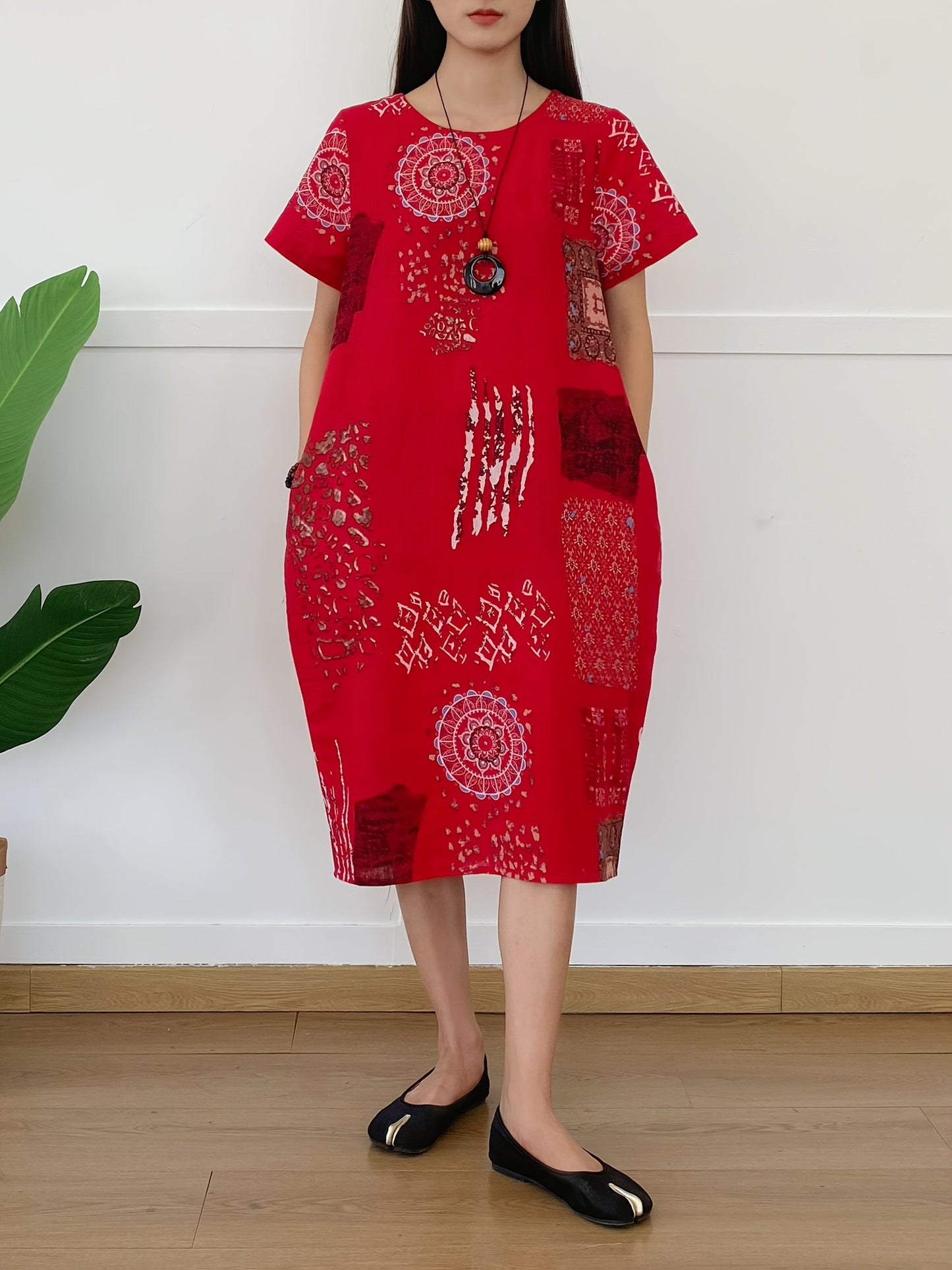 Abito midi in lino da donna - stile tunica, motivo floreale, tasche e arioso per l'estate