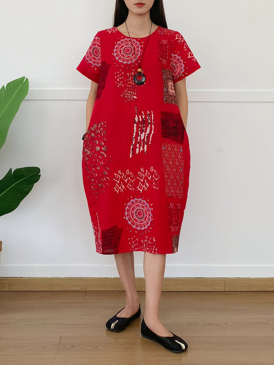 Abito midi in lino da donna - stile tunica, motivo floreale, tasche e arioso per l'estate