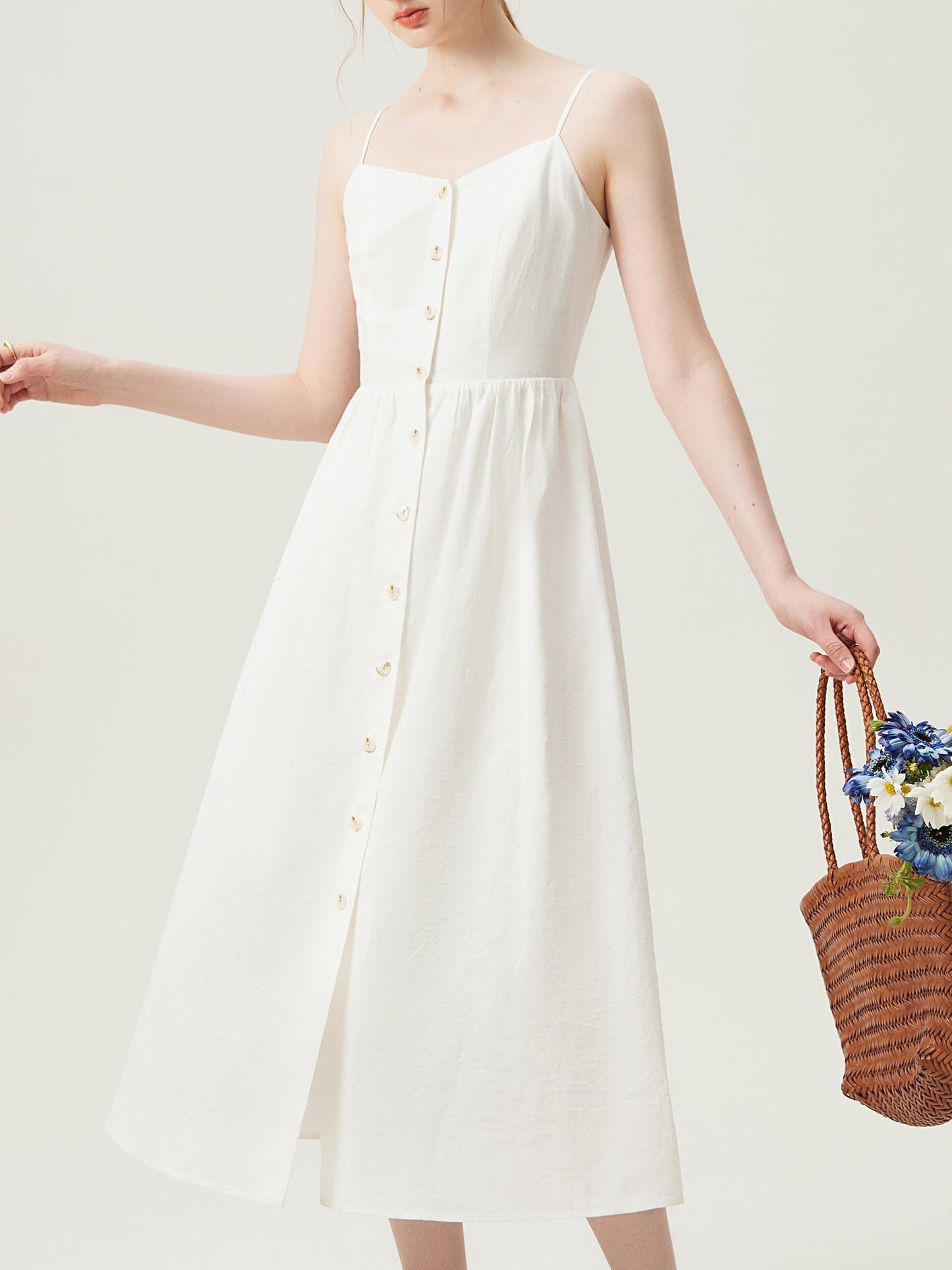 Abito estivo da donna - Abito midi senza maniche, misto lino, abbottonato