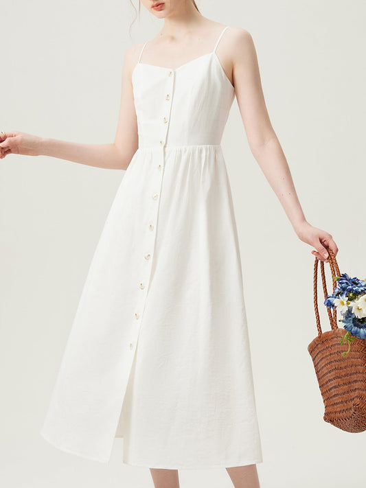 Abito estivo da donna - Abito midi senza maniche, misto lino, abbottonato