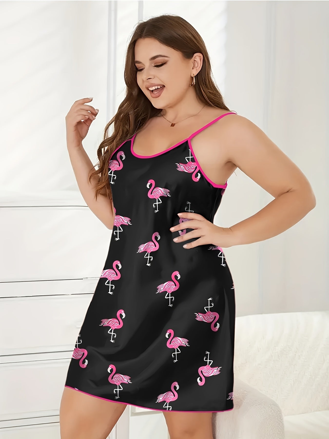 Slip dress in raso da donna plus size - Stampa fenicottero, senza maniche, finiture rosa, lavabile in lavatrice