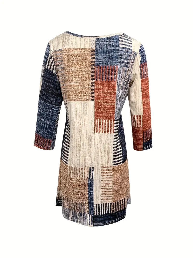 Abito casual in maglia a trapezio con scollo a V, stampa grafica e maniche lunghe