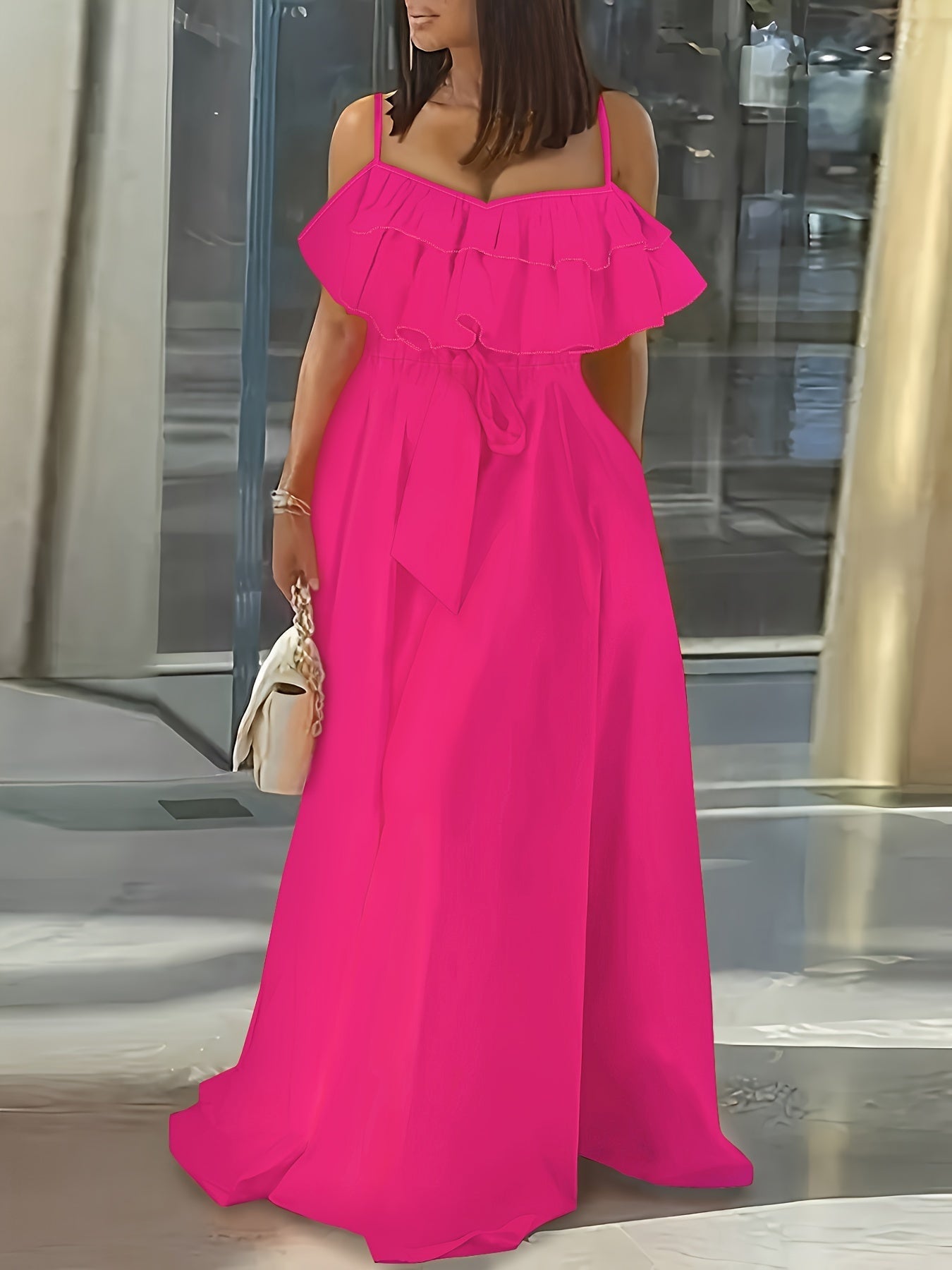 Maxi abito da donna - Abito estivo senza maniche con volant e vita a cravatta