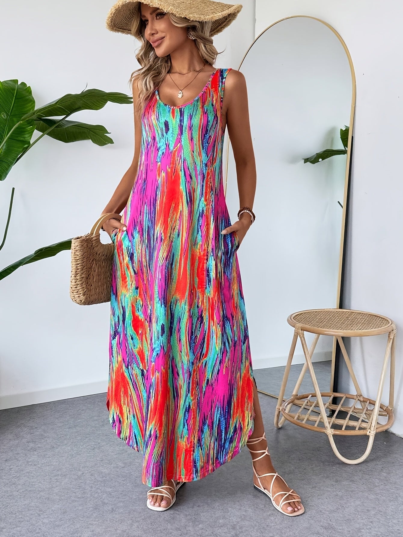 Abito estivo da donna stampato patchwork con scollo rotondo e senza maniche