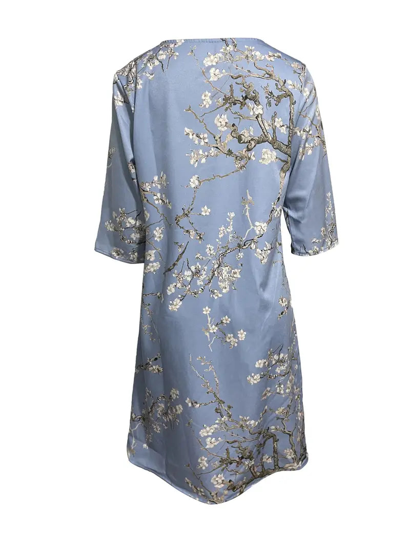 Abito con scollo a V e stampa vegetale, maniche a 3/4 Taglio ampio