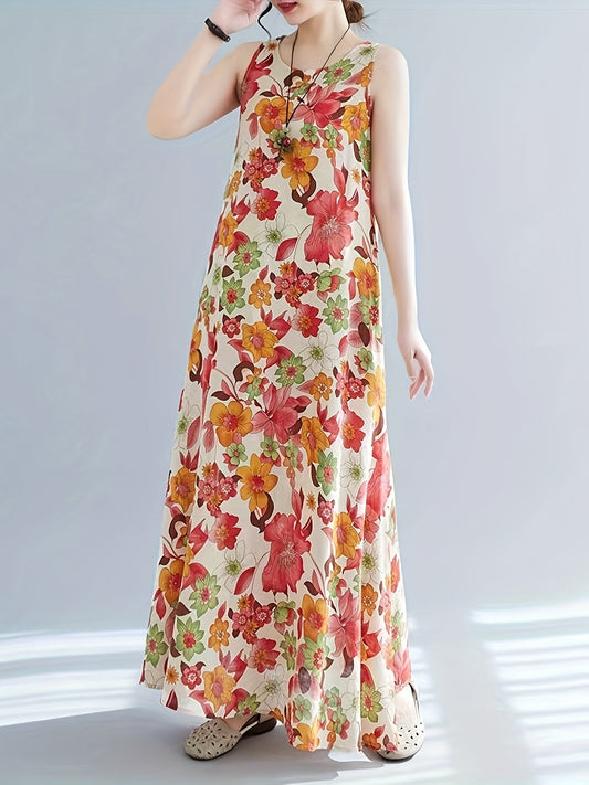 Abito floreale da donna - Senza maniche, collo rotondo, elegante e arioso per l'estate