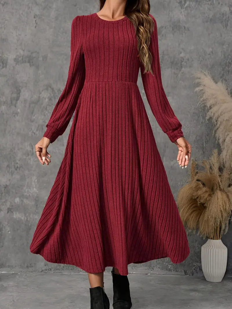 Abito midi a maniche lunghe a costine da donna - Casual A-line