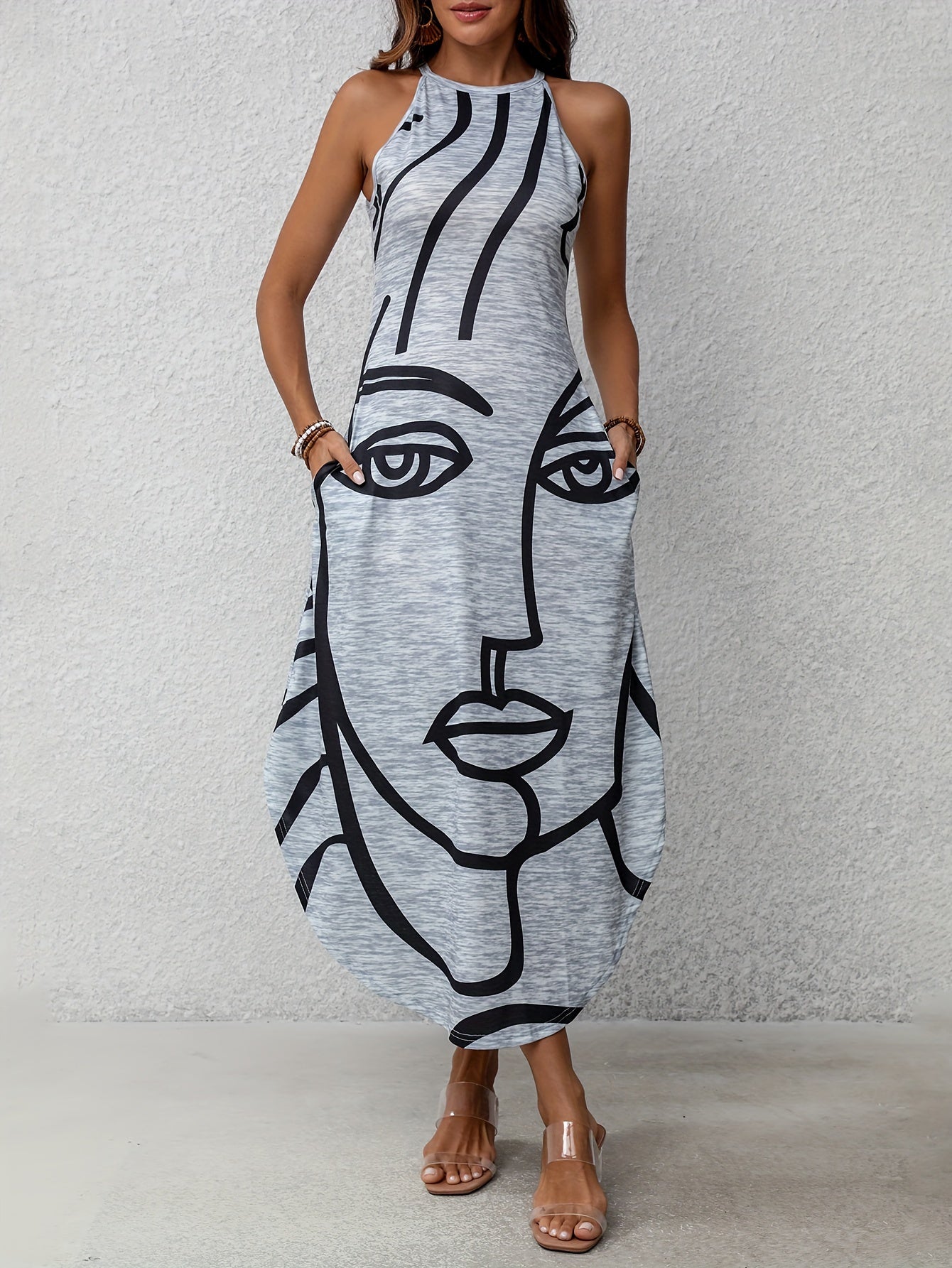 Maxi abito estivo da donna senza spalle, grigio con tasche