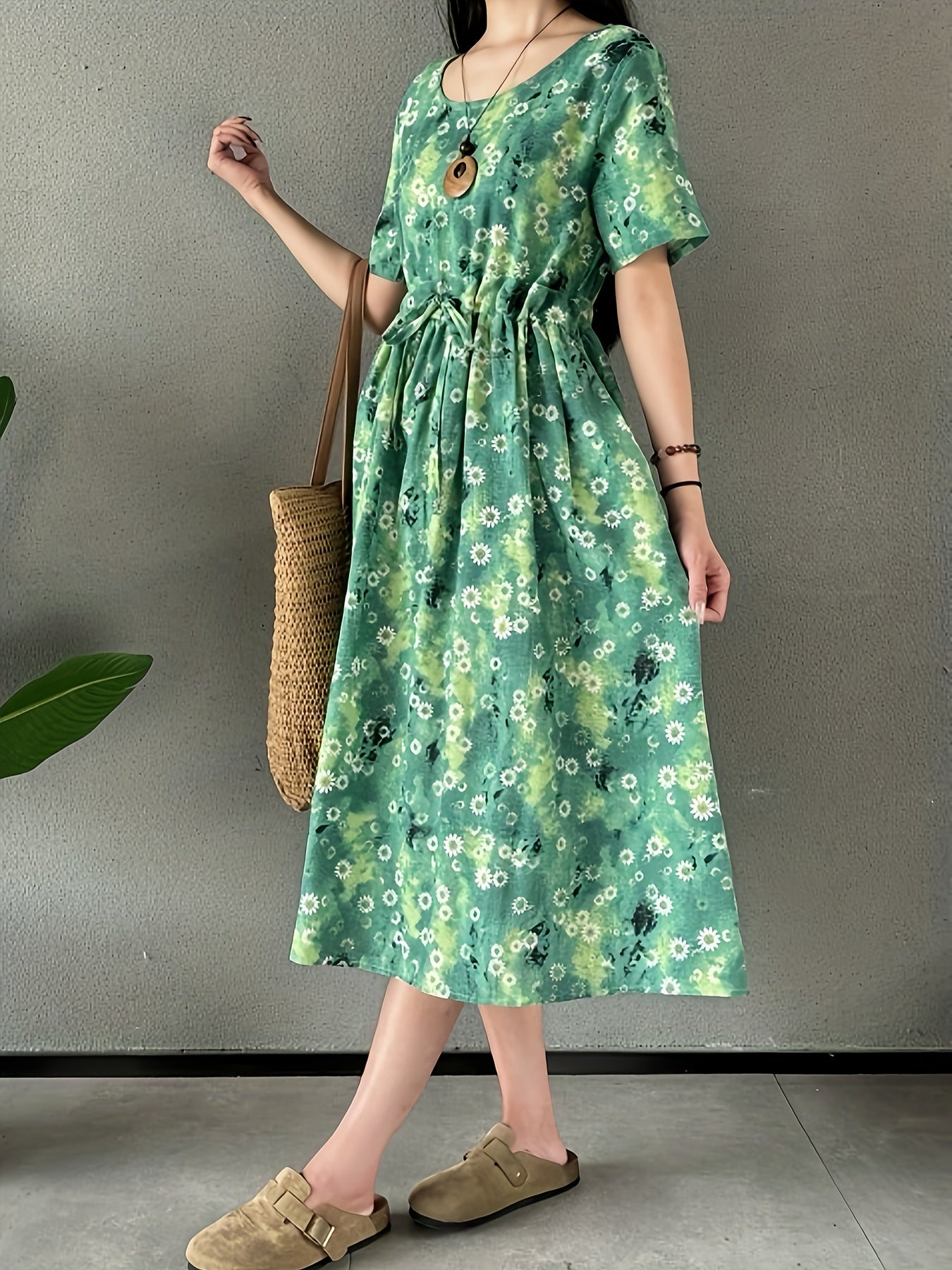 Abito da donna in lino - stampa floreale, scollo rotondo, tasche e comodo abito estivo da indossare tutti i giorni