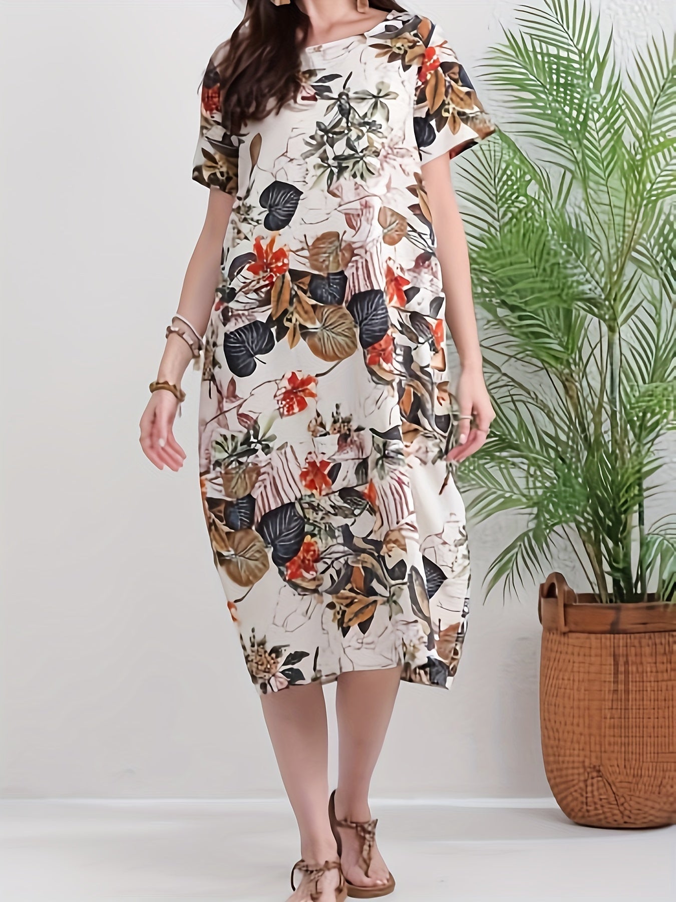 Abito a tunica in lino da donna - stampa floreale, arioso e con tasche per tutti i giorni e il tempo libero