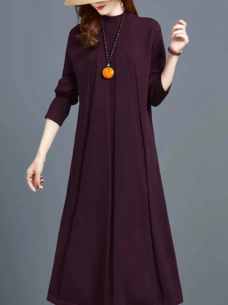 Accogliente abito midi in maglia da donna - manica lunga, girocollo, lavabile