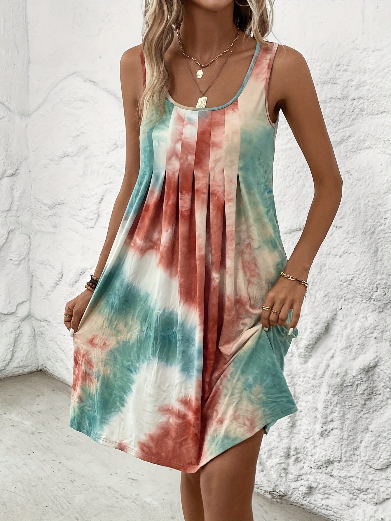 Abito estivo tie-dye Senza maniche, leggero e arioso Maxi abito casual con scollatura rotonda