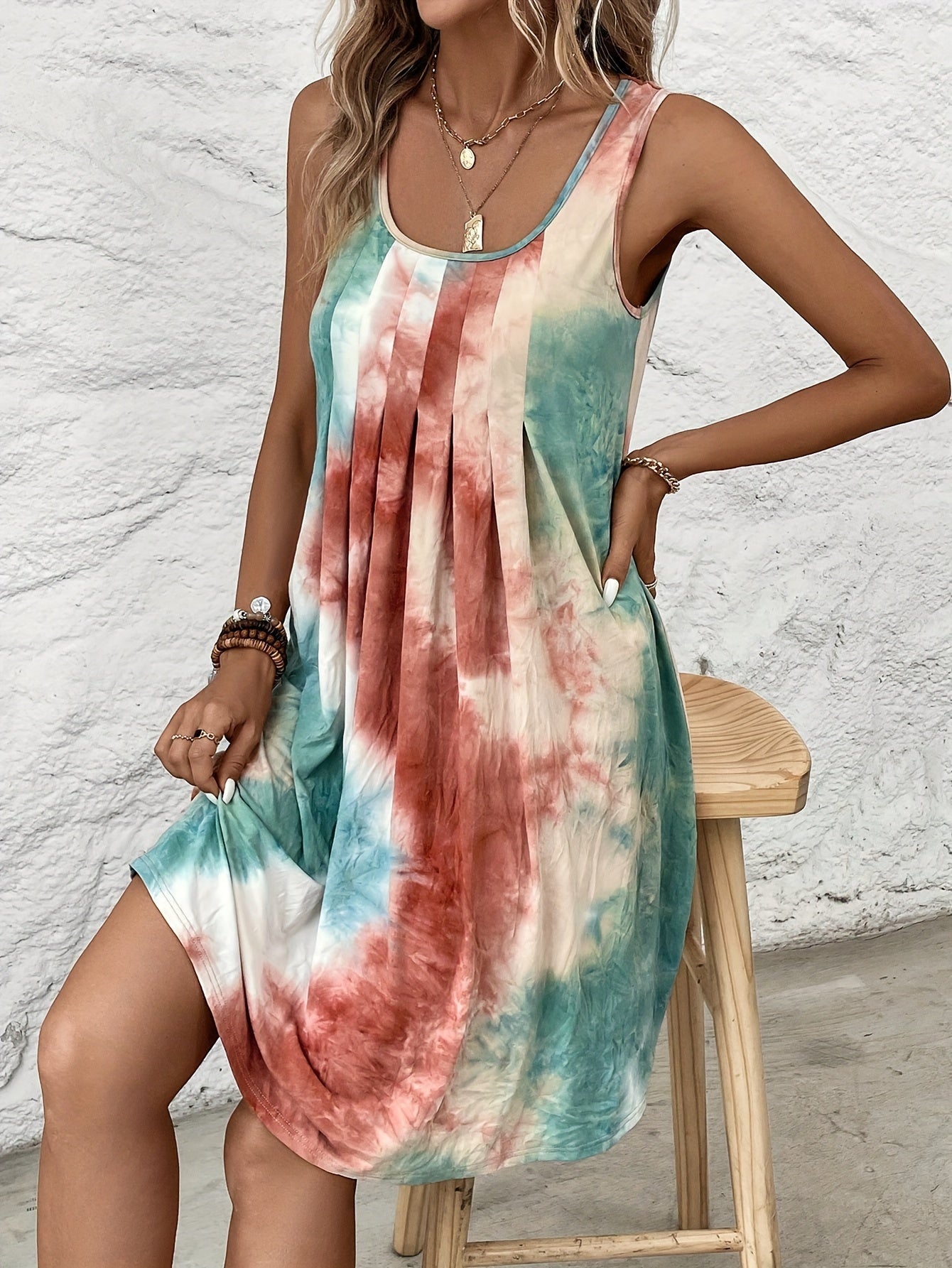 Abito estivo tie-dye Senza maniche, leggero e arioso Maxi abito casual con scollatura rotonda
