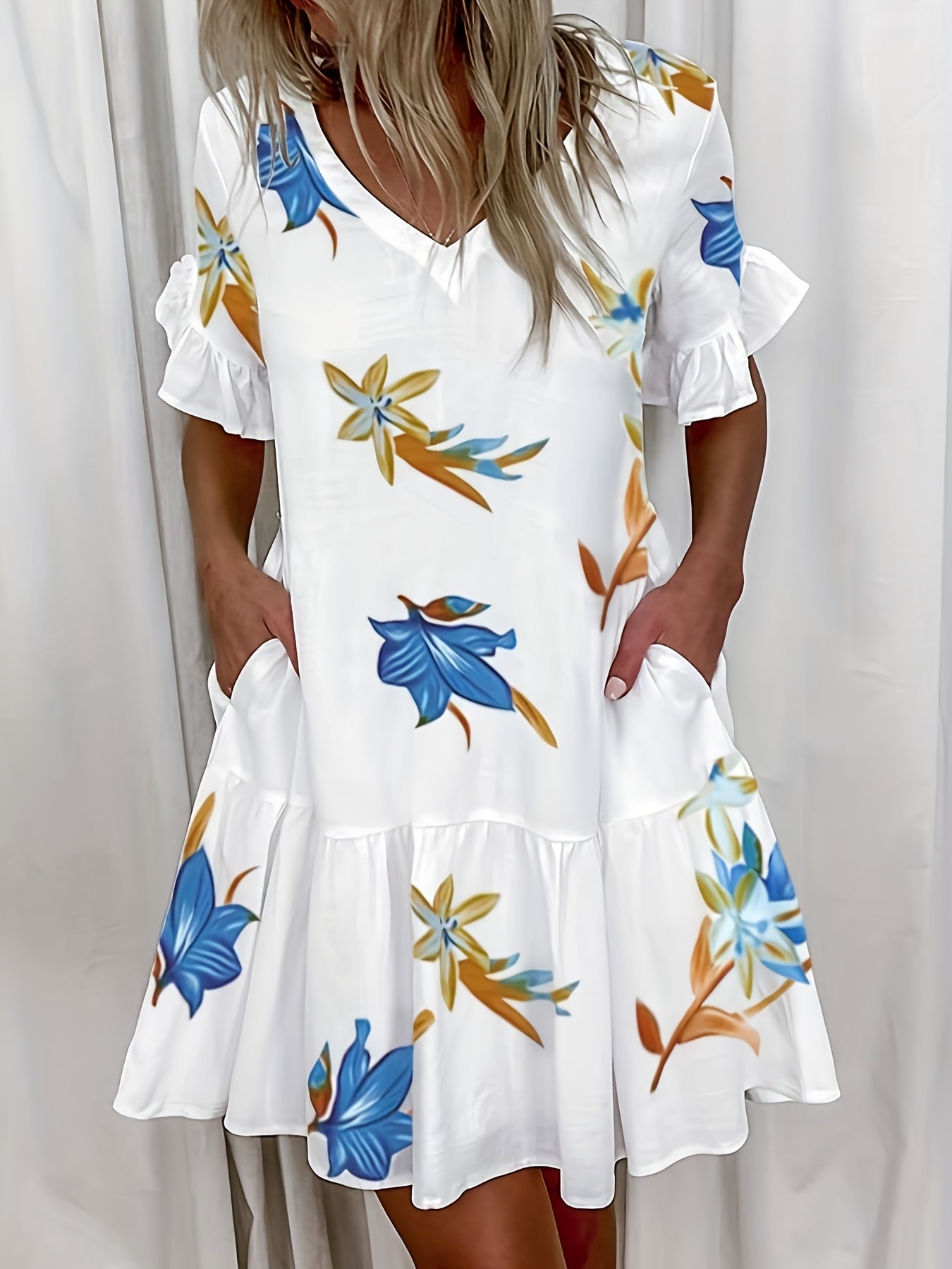 Abito Scollo sfacciato con tasche Maniche corte Poliestere a coste Estate Unicolore