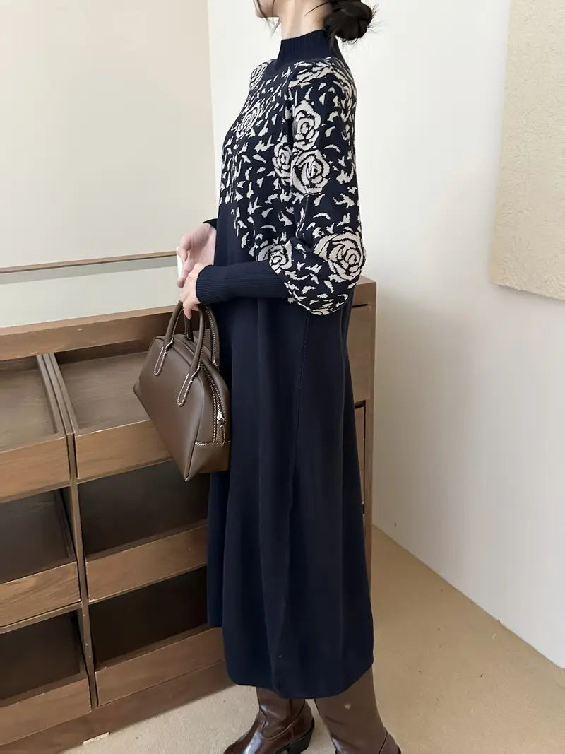 Inverno Vita alta Slimming Retro Spliced Midi Dress con stampa