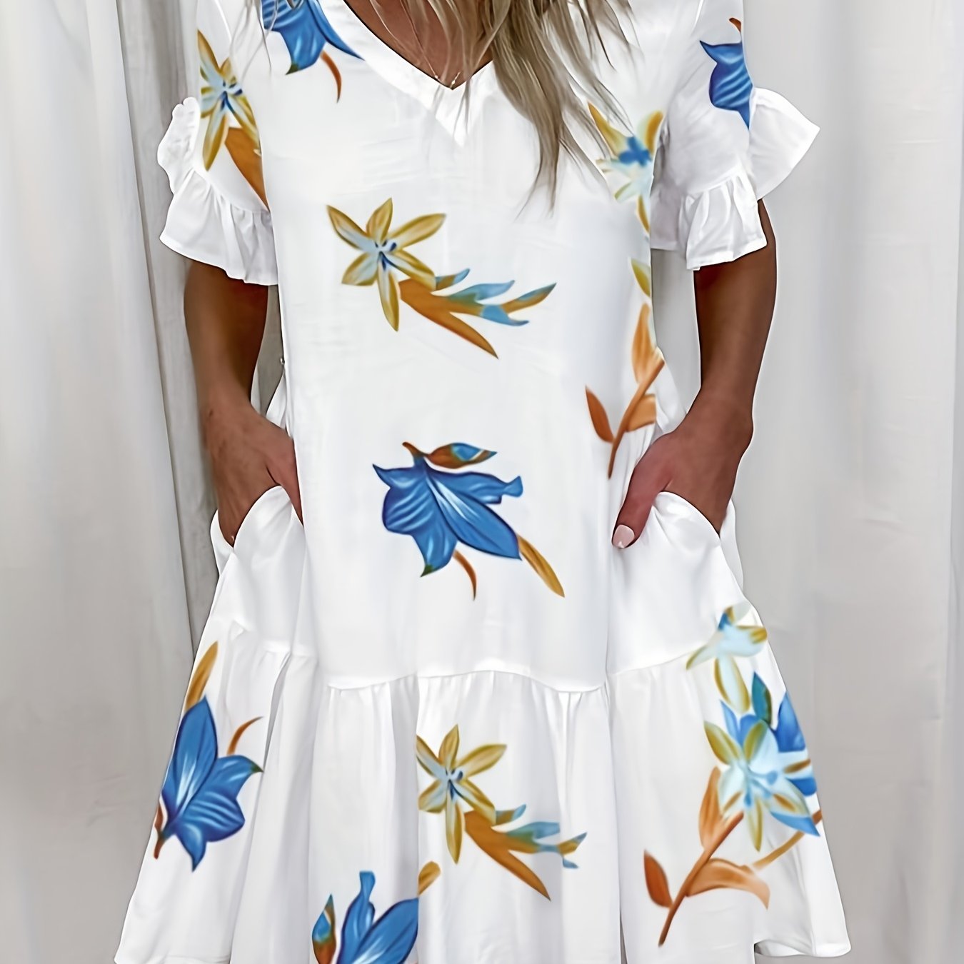 Abito Scollo sfacciato con tasche Maniche corte Poliestere a coste Estate Unicolore