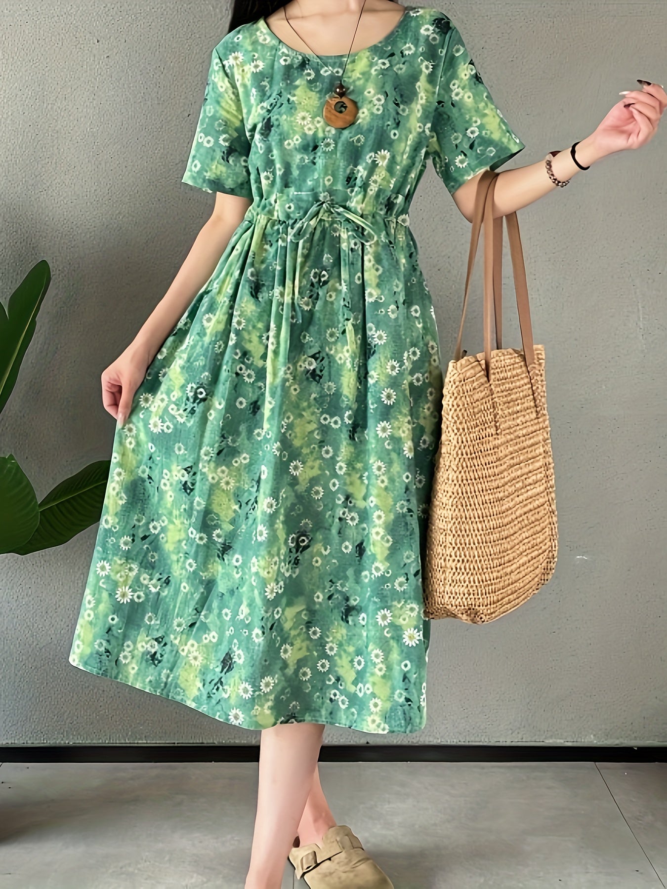 Abito da donna in lino - stampa floreale, scollo rotondo, tasche e comodo abito estivo da indossare tutti i giorni