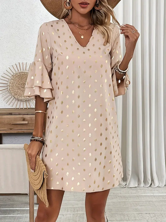 Abito da donna con scollo a V e maniche a cappuccio, stampato, a trapezio, in poliestere