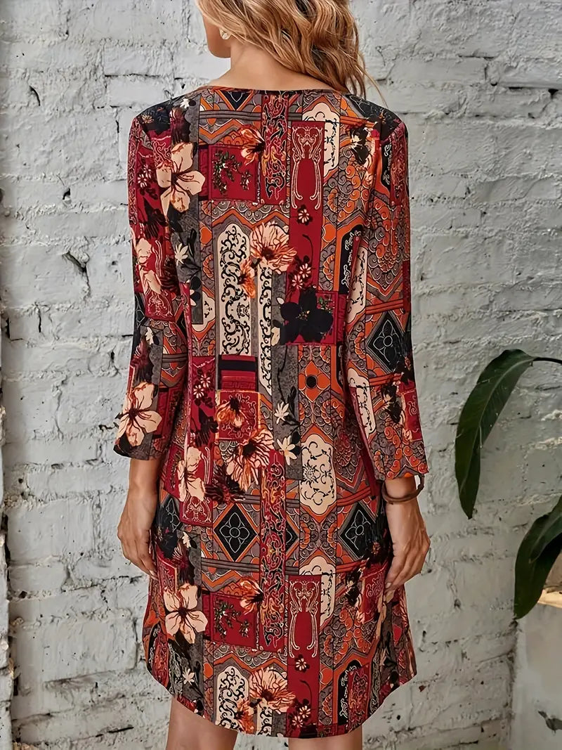 Abito floreale vintage con scollo a V e maniche a 3/4 da donna