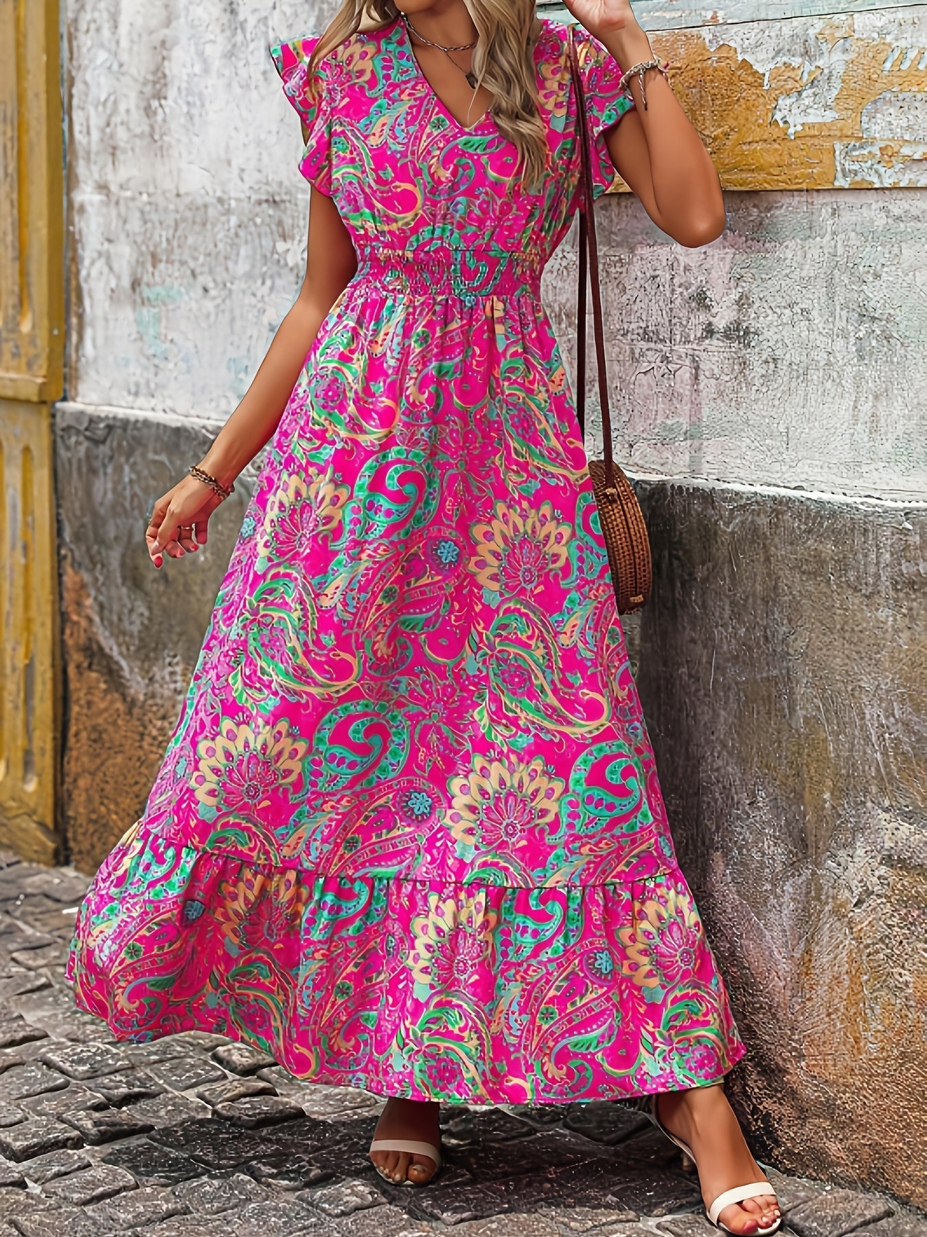 Abito midi rosa da donna con scollo a V e motivo paisley