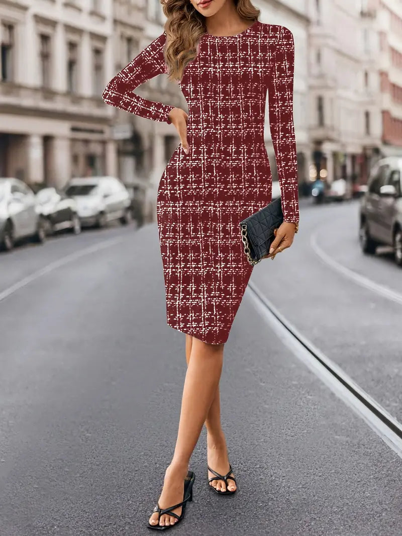 Abito donna a quadri a maniche lunghe - lunghezza al ginocchio, collo rotondo, inverno