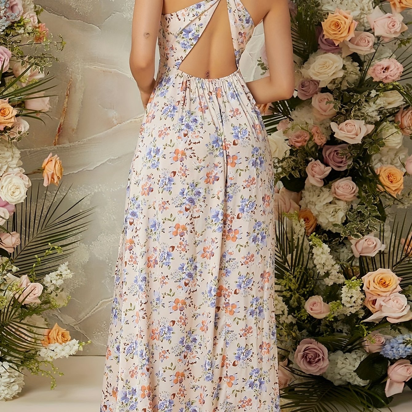 Abito con motivo floreale e spacco - Scollo a V e spalline incrociate