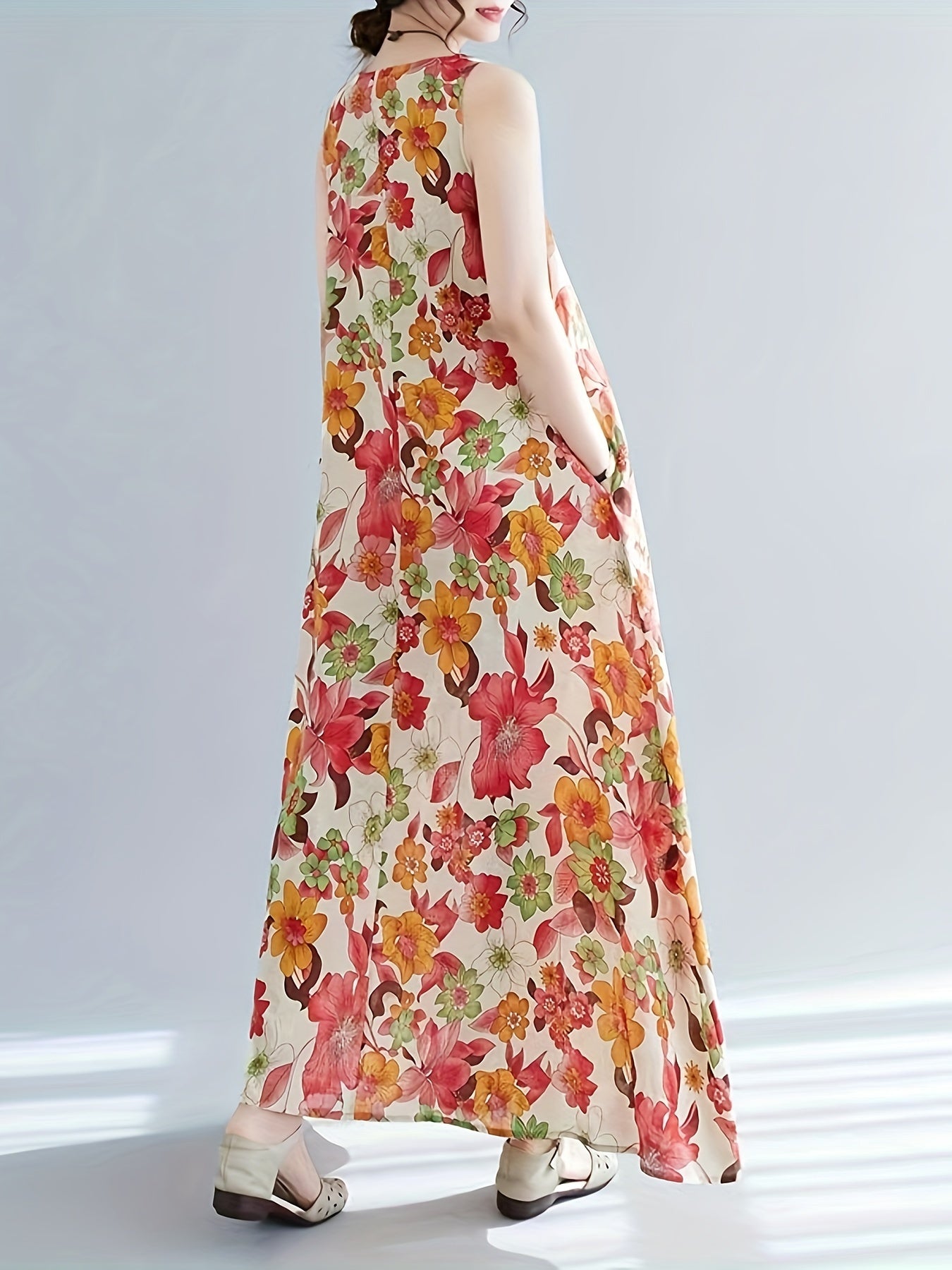 Abito floreale da donna - Senza maniche, collo rotondo, elegante e arioso per l'estate