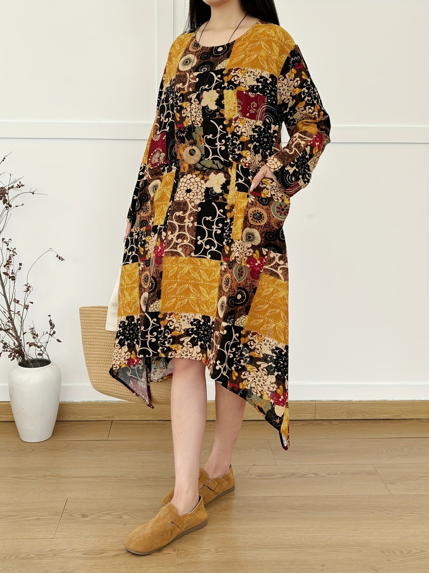 Abito boho a maniche lunghe in lino - stampa vintage, ampio e casual, collo rotondo, tasche