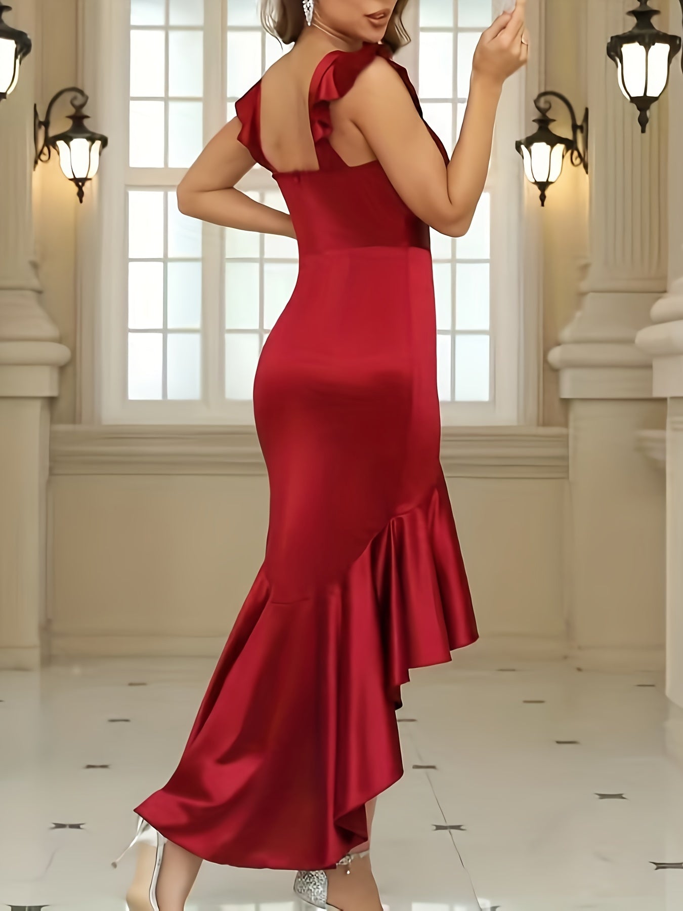 Abito asimmetrico con volant - Abito in raso monocolore, Senza maniche, Scollo rotondo, Lunghezza al ginocchio