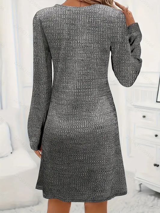 Elegante abito midi con scollo a V da donna - maniche lunghe, maglia a coste