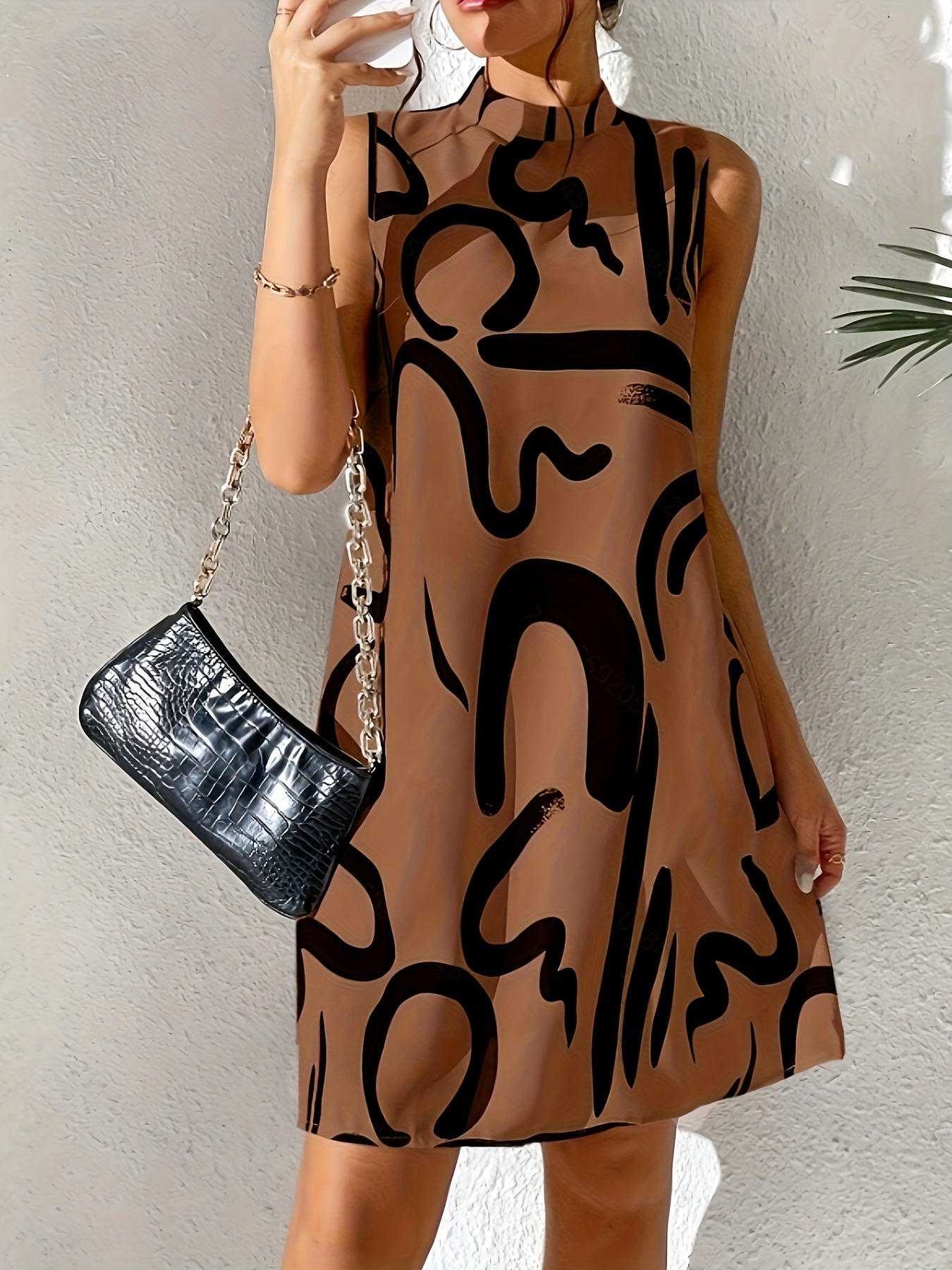 Abito con motivo spazzolato - Collo alla coreana, senza maniche, arioso e casual, perfetto per la primavera e l'estate