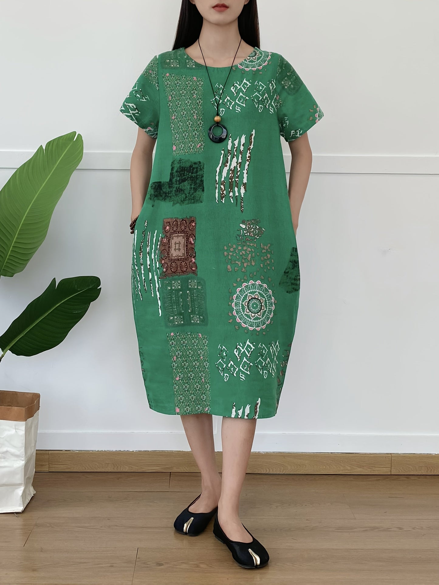 Abito tunica in lino da donna - scollo rotondo, stampa floreale, tasche e casual