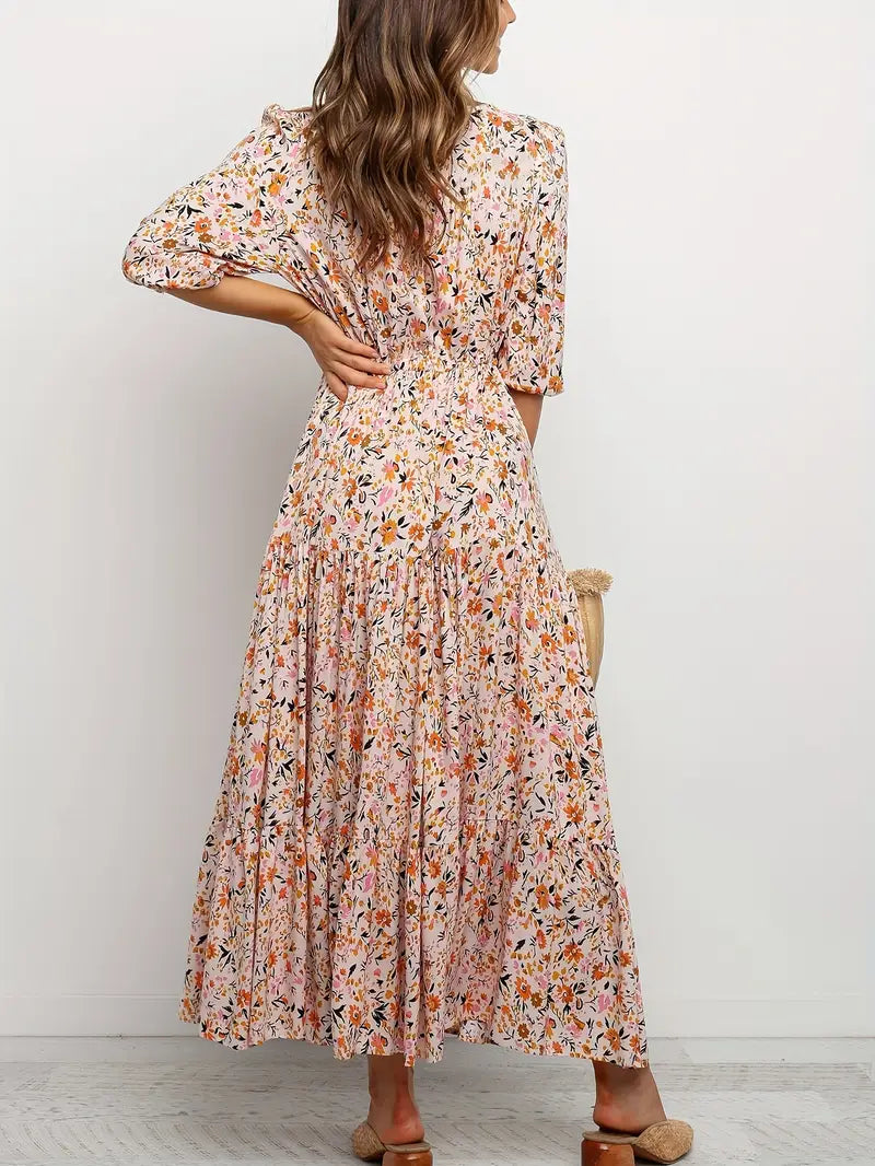 Maxi abito floreale chic con scollo a V per donna