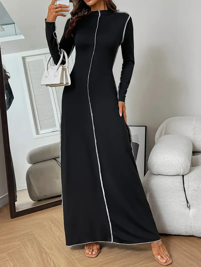 Abito a maniche lunghe con collo alto, design color block, per autunno/inverno