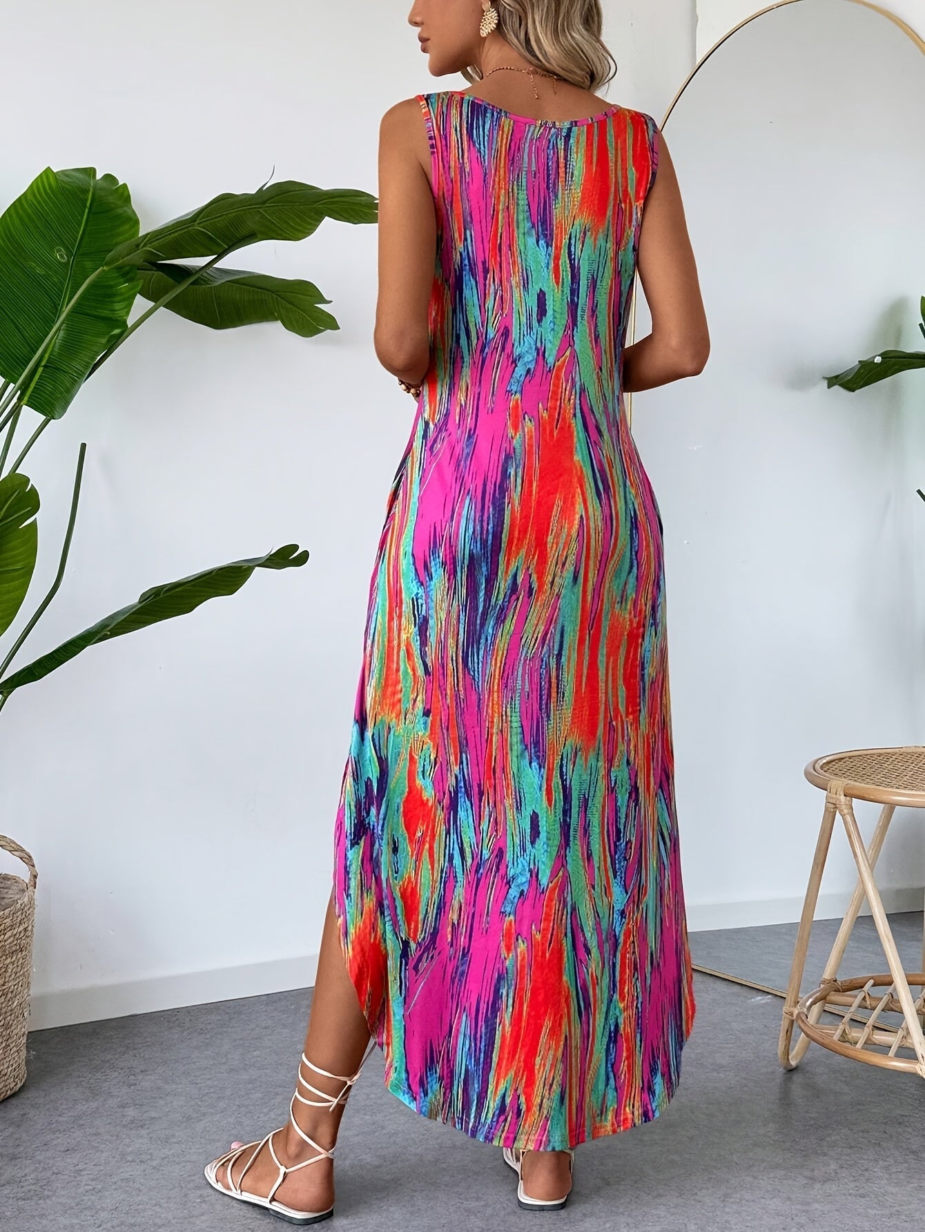 Abito estivo da donna stampato patchwork con scollo rotondo e senza maniche