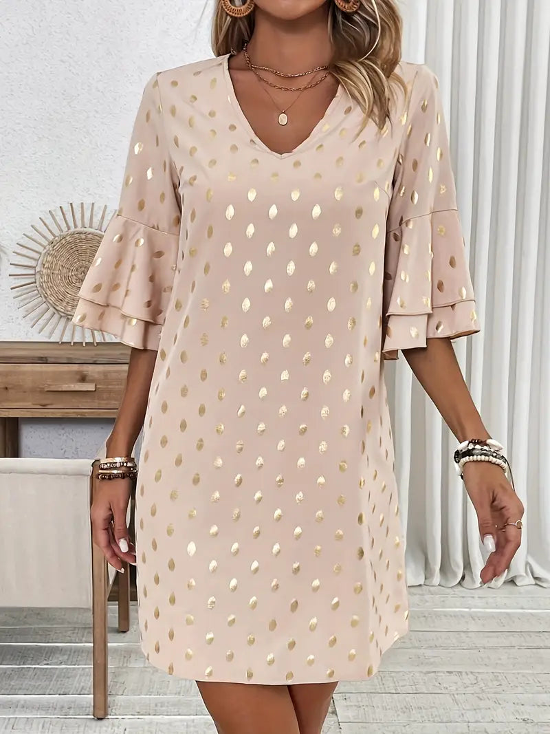 Abito da donna con scollo a V e maniche a cappuccio, stampato, a trapezio, in poliestere