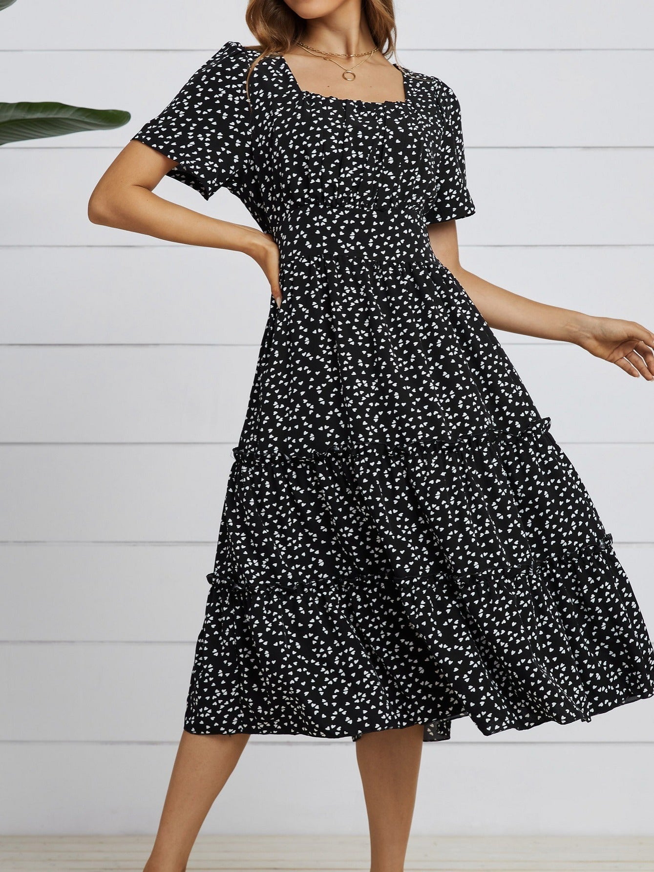 Abito midi da donna con stampa a cuori Scollo quadrato e linea ad A