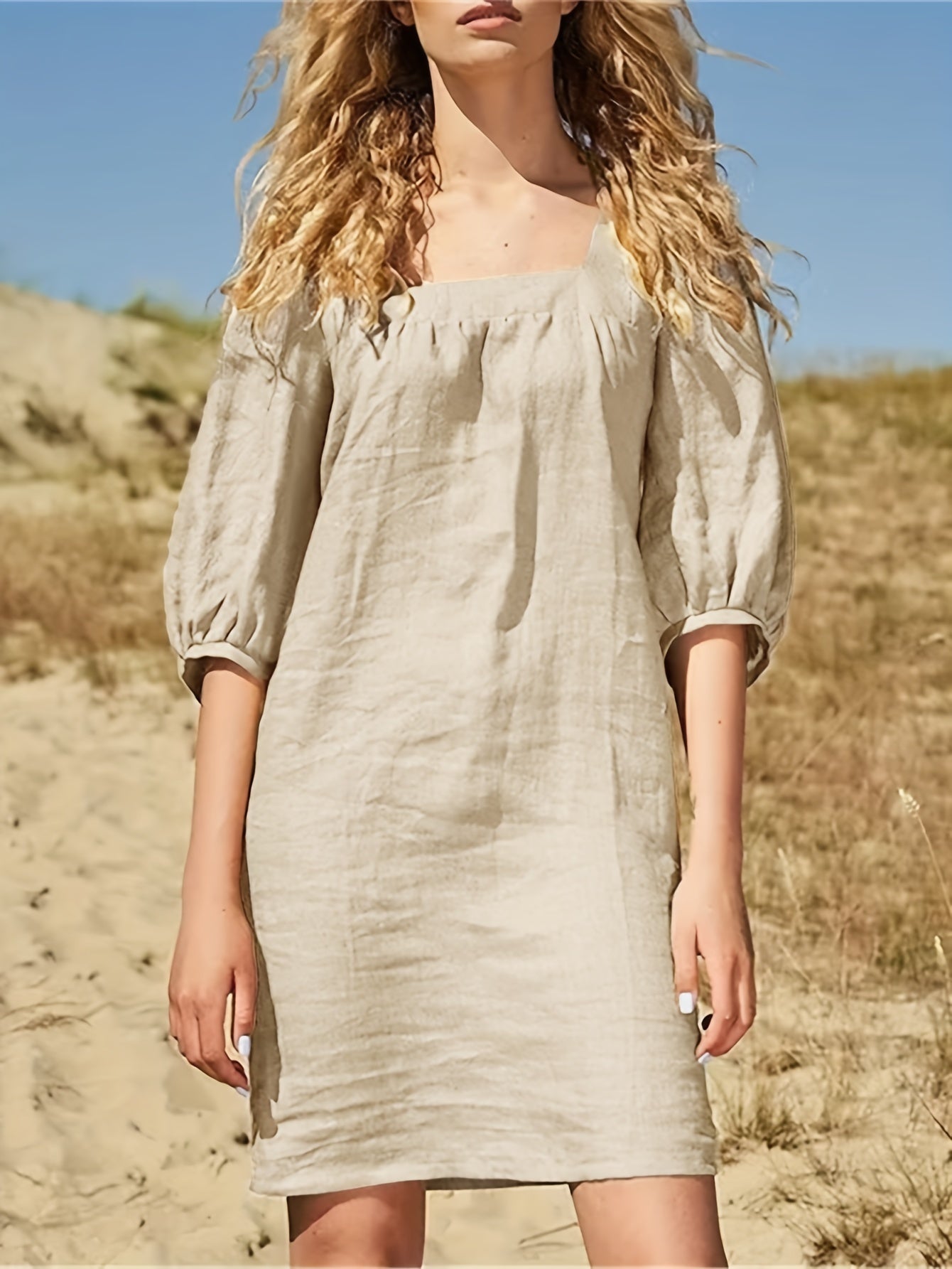 Abito elegante da donna - scollo quadrato, mezze maniche, misto lino e taglio ampio per tutti i giorni e il tempo libero