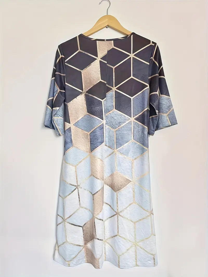 Elegante abito midi con blocchi di colore geometrici - Scollo a V